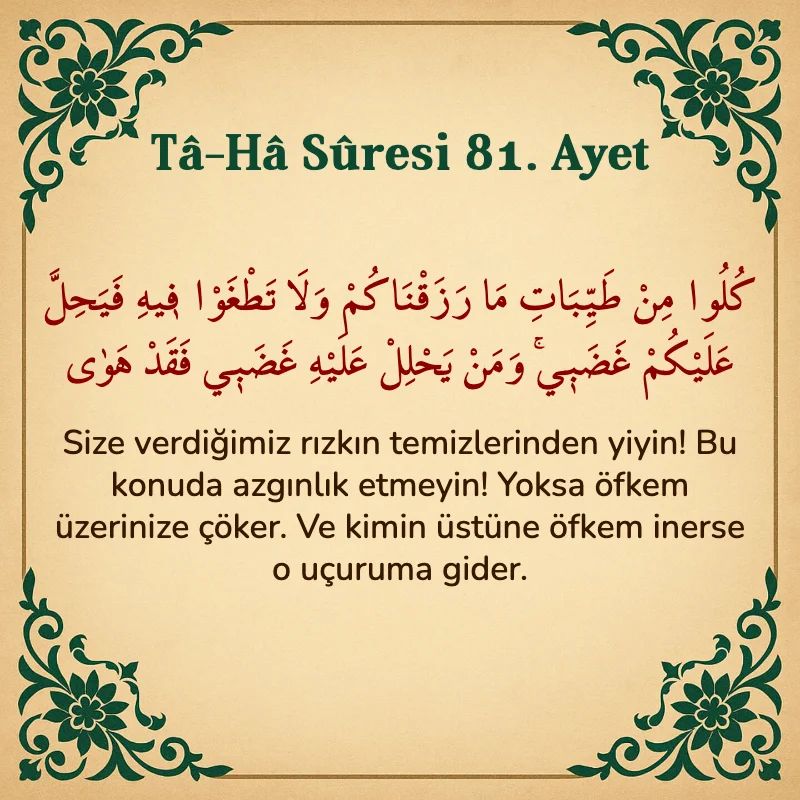 Taha Suresi 81. Ayet Arapça ve Türkçe meali