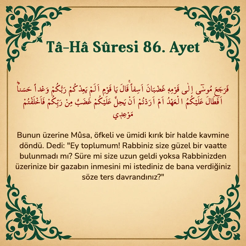 Taha Suresi 86. Ayet Arapça ve Türkçe meali