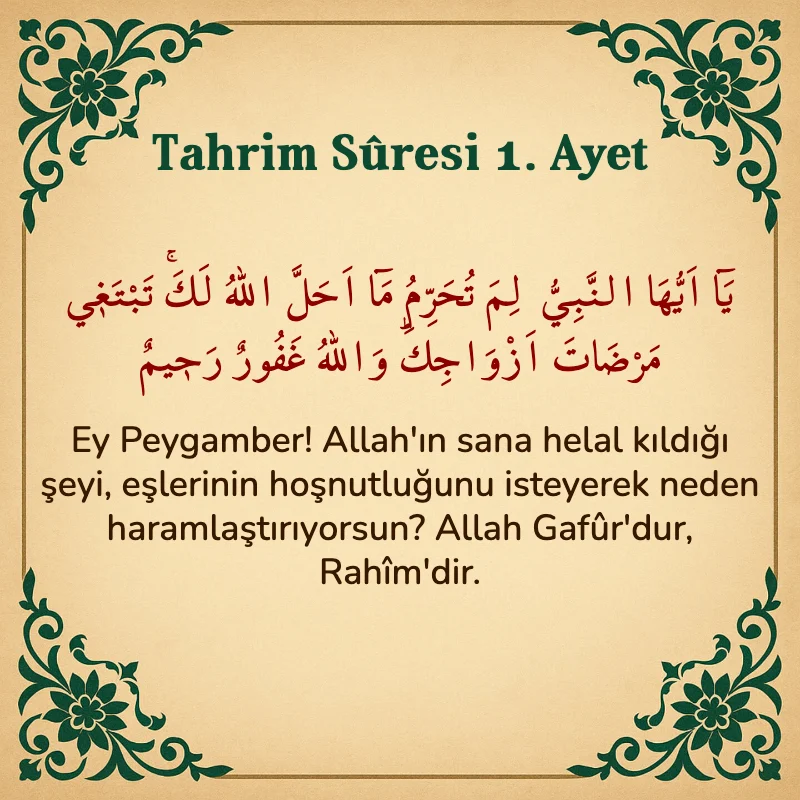 Tahrim Suresi 1. Ayet Arapça ve Türkçe meali