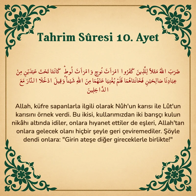 Tahrim Suresi 10. Ayet Arapça ve Türkçe meali
