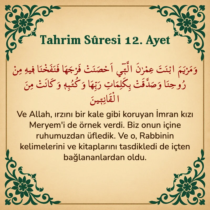 Tahrim Suresi 12. Ayet Arapça ve Türkçe meali