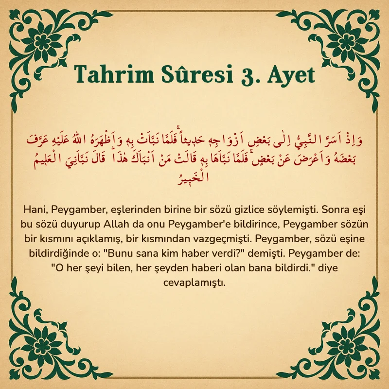 Tahrim Suresi 3. Ayet Arapça ve Türkçe meali