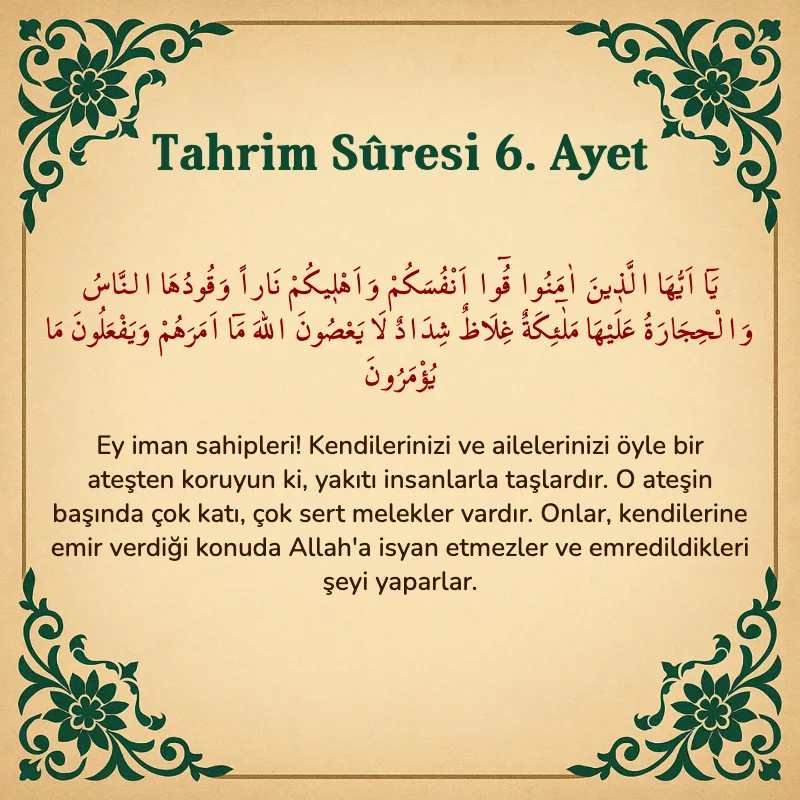 Tahrim Suresi 6. Ayet Arapça ve Türkçe meali