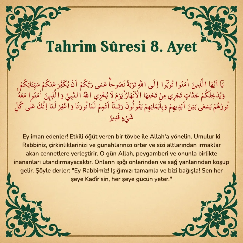 Tahrim Suresi 8. Ayet Arapça ve Türkçe meali