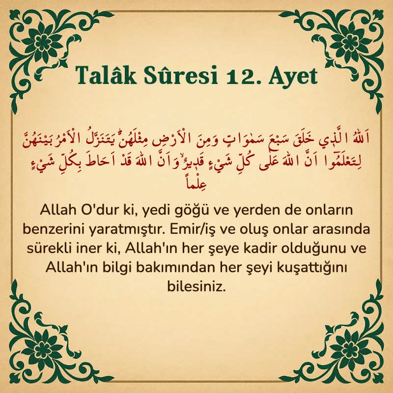 Talak Suresi 12. Ayet Arapça ve Türkçe meali