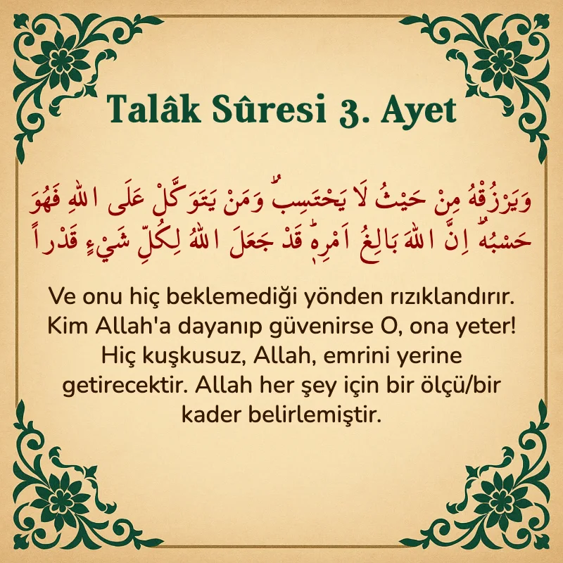 Talak Suresi 3. Ayet Arapça ve Türkçe meali