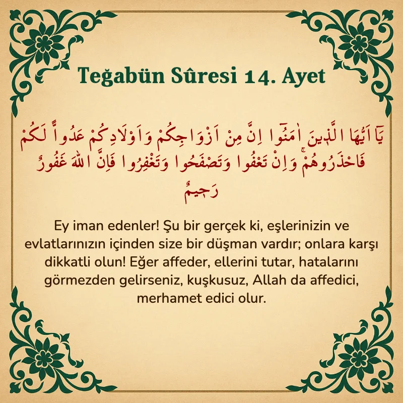 Teğabun Suresi 14. Ayet Arapça ve Türkçe meali