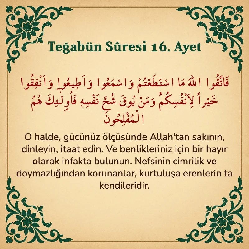 Teğabun Suresi 16. Ayet Arapça ve Türkçe meali