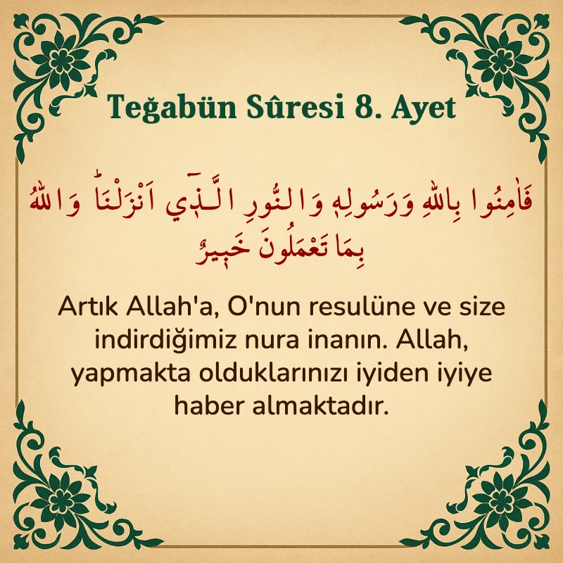 Teğabun Suresi 8. Ayet Arapça ve Türkçe meali
