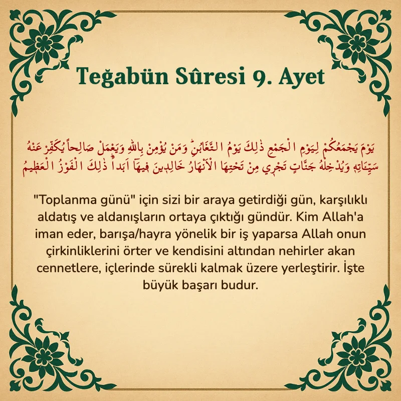 Teğabun Suresi 9. Ayet Arapça ve Türkçe meali