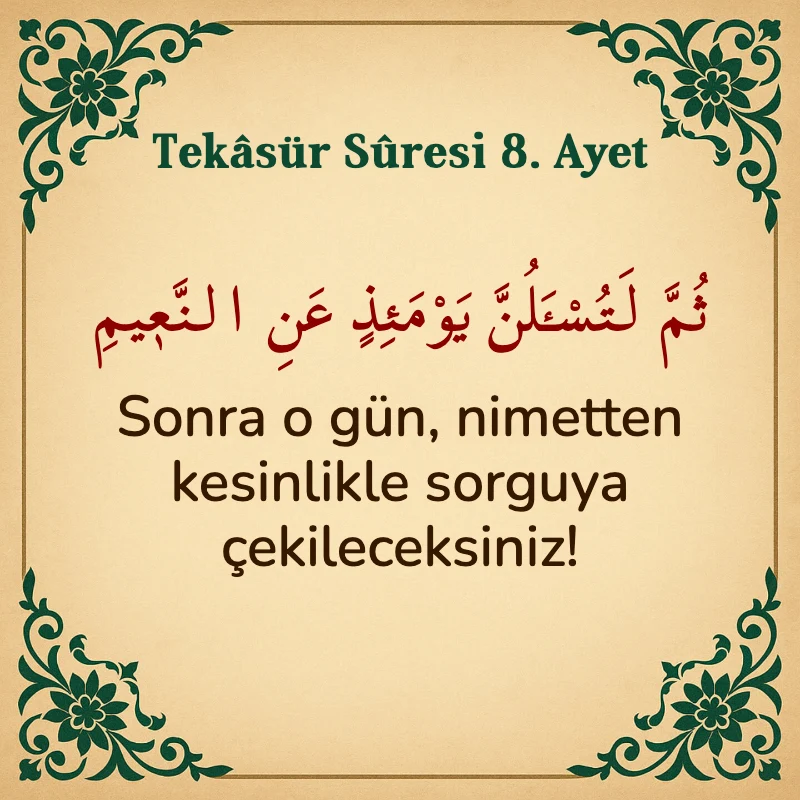 Tekasür Suresi 8. Ayet Arapça ve Türkçe meali