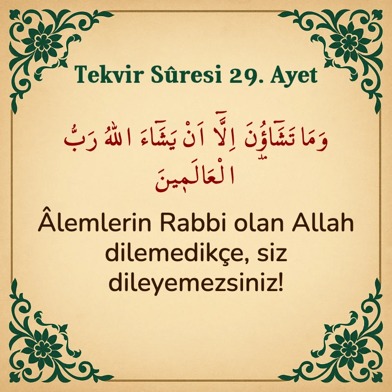 Tekvir Suresi 29. Ayet Arapça ve Türkçe meali
