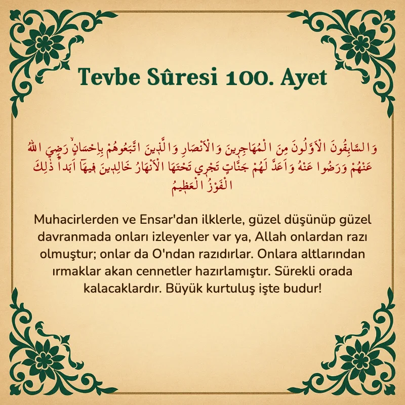 Tevbe Sûresi 100. Ayet Arapça ve Türkçe meali
