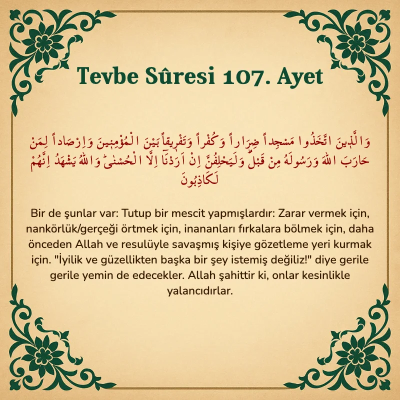 Tevbe Sûresi 107. Ayet Arapça ve Türkçe meali
