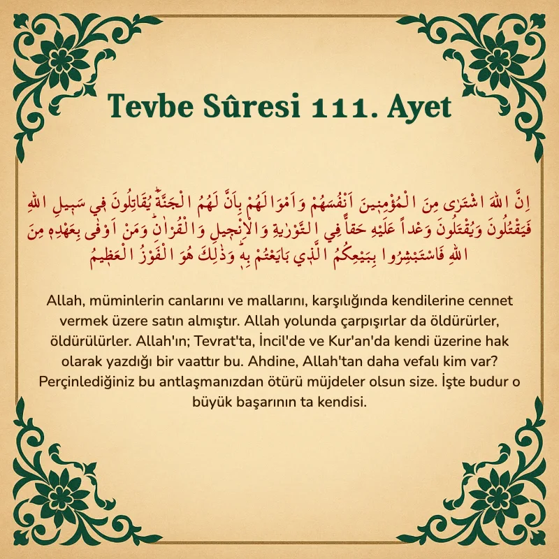 Tevbe Sûresi 111. Ayet Arapça ve Türkçe meali