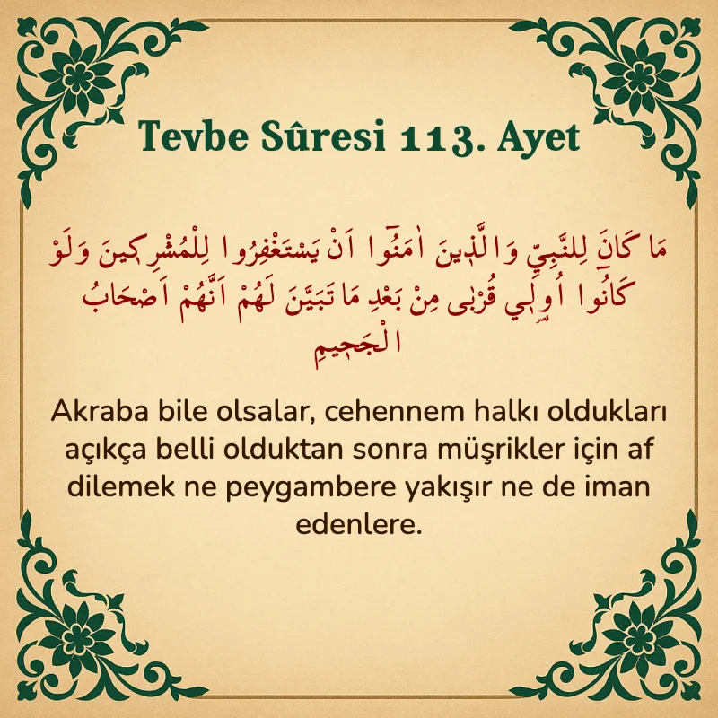 Tevbe Sûresi 113. Ayet Arapça ve Türkçe meali