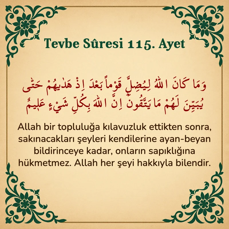 Tevbe Sûresi 115. Ayet Arapça ve Türkçe meali
