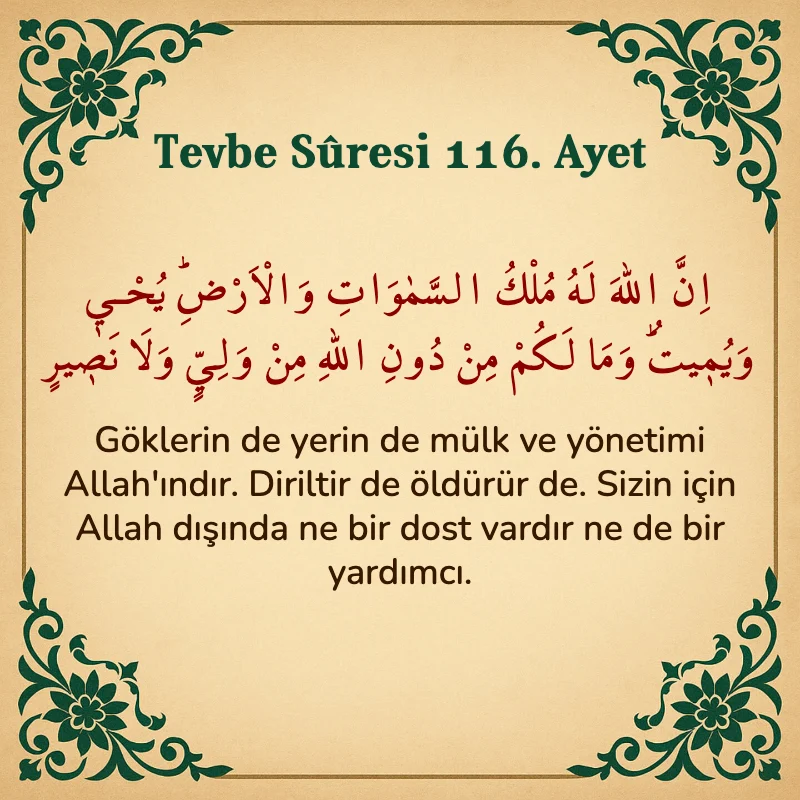 Tevbe Sûresi 116. Ayet Arapça ve Türkçe meali