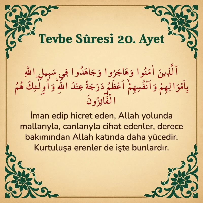 Tevbe Sûresi 20. Ayet Arapça ve Türkçe meali