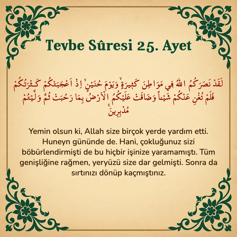 Tevbe Sûresi 25. Ayet Arapça ve Türkçe meali