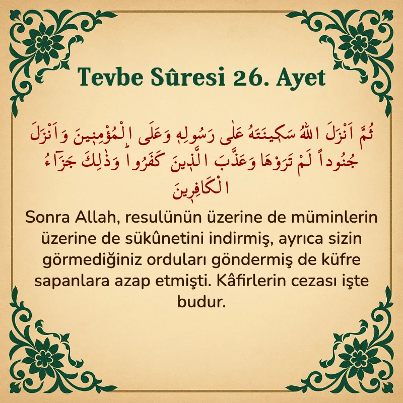 Tevbe Sûresi 26. Ayet Arapça ve Türkçe meali