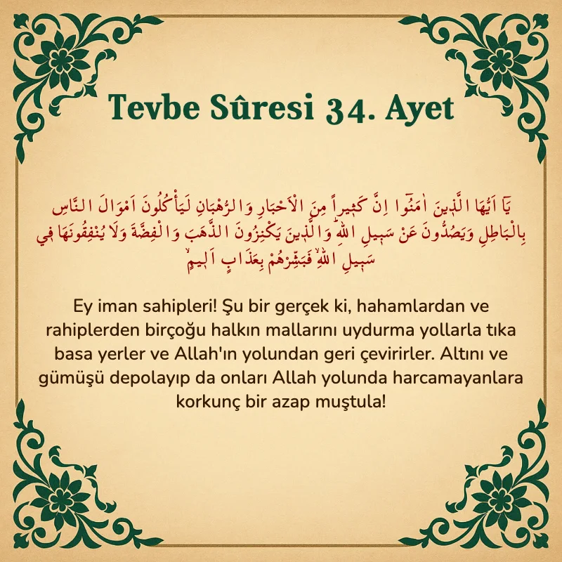 Tevbe Sûresi 34. Ayet Arapça ve Türkçe meali