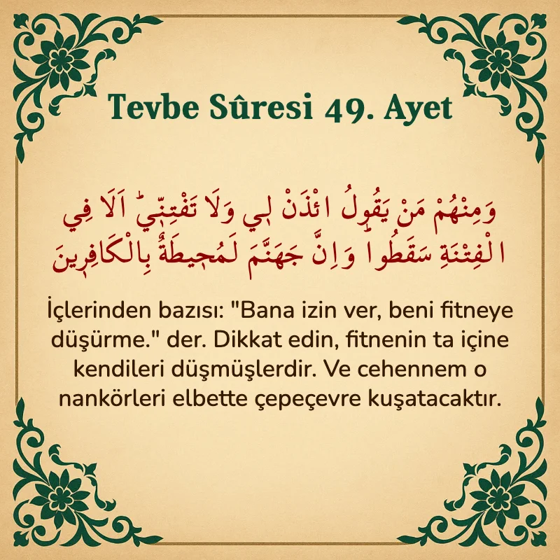 Tevbe Sûresi 49. Ayet Arapça ve Türkçe meali
