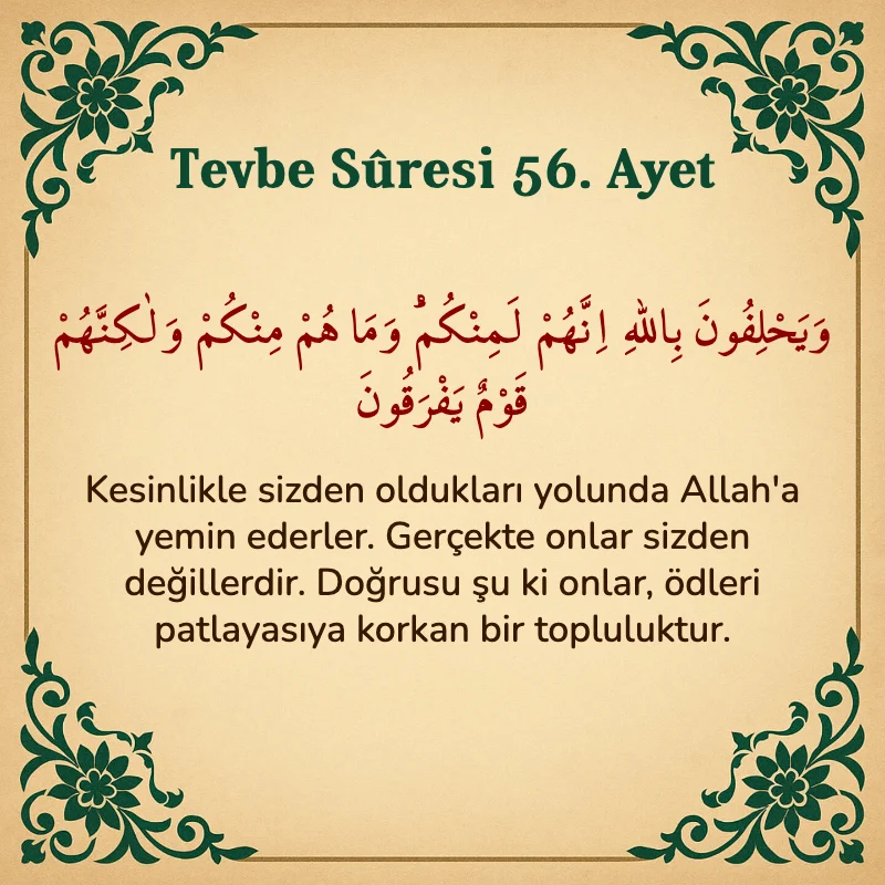 Tevbe Sûresi 56. Ayet Arapça ve Türkçe meali