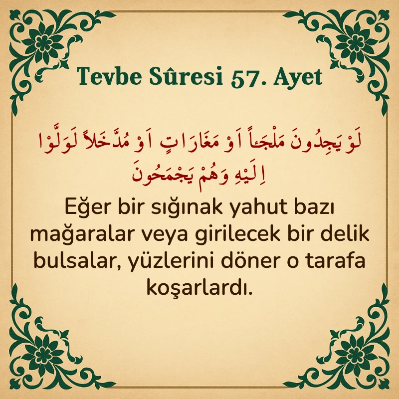 Tevbe Sûresi 57. Ayet Arapça ve Türkçe meali