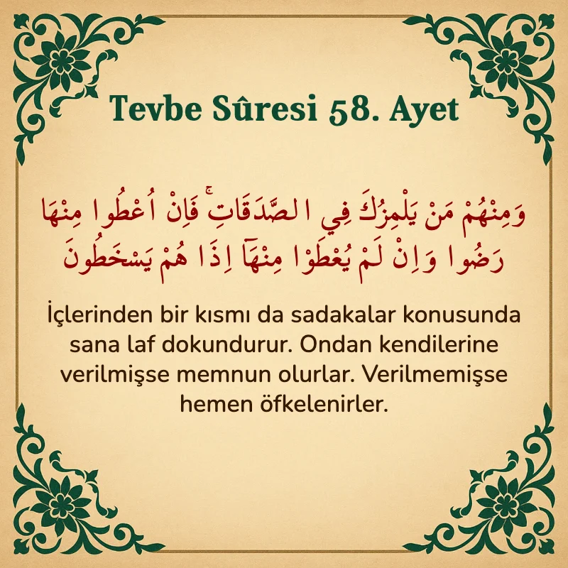 Tevbe Sûresi 58. Ayet Arapça ve Türkçe meali