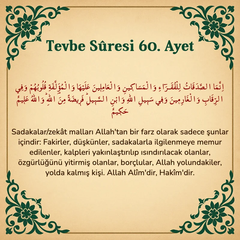 Tevbe Sûresi 60. Ayet Arapça ve Türkçe meali