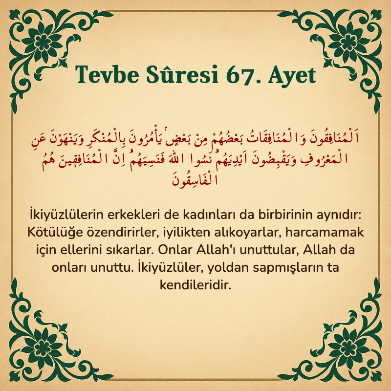 Tevbe Sûresi 67. Ayet Arapça ve Türkçe meali