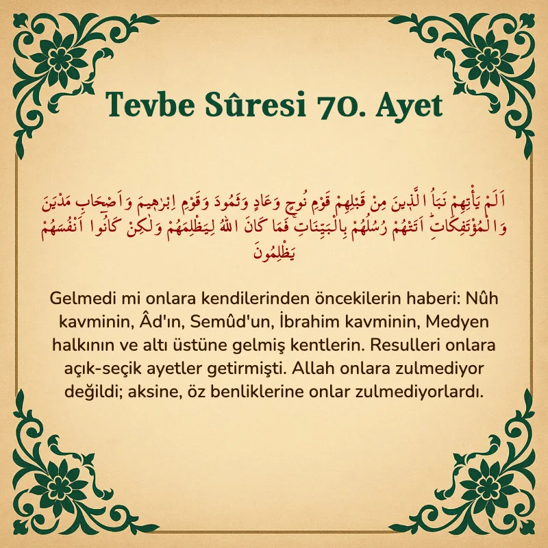 Tevbe Sûresi 70. Ayet Arapça ve Türkçe meali