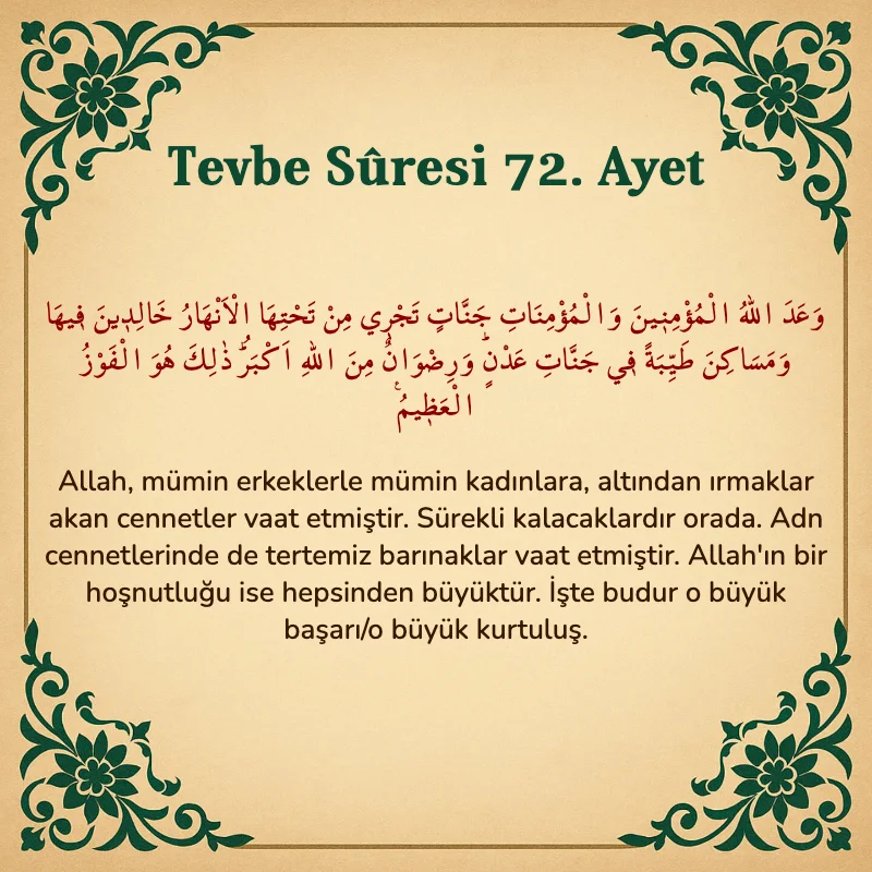 Tevbe Sûresi 72. Ayet Arapça ve Türkçe meali