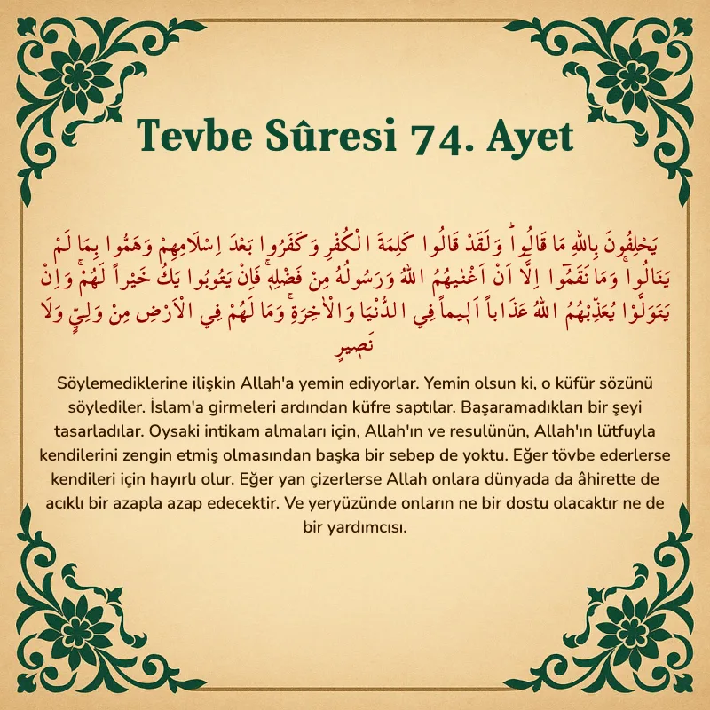 Tevbe Sûresi 74. Ayet Arapça ve Türkçe meali