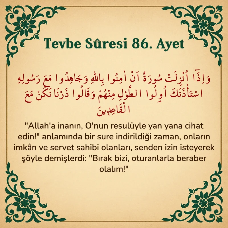 Tevbe Sûresi 86. Ayet Arapça ve Türkçe meali