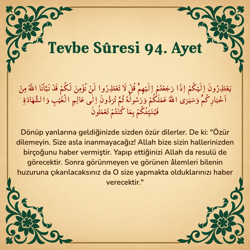 Tevbe Sûresi 94. Ayet Arapça ve Türkçe meali