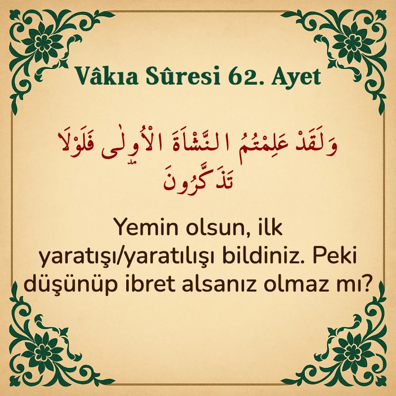 Vakıa Suresi 62. Ayet Arapça ve Türkçe meali