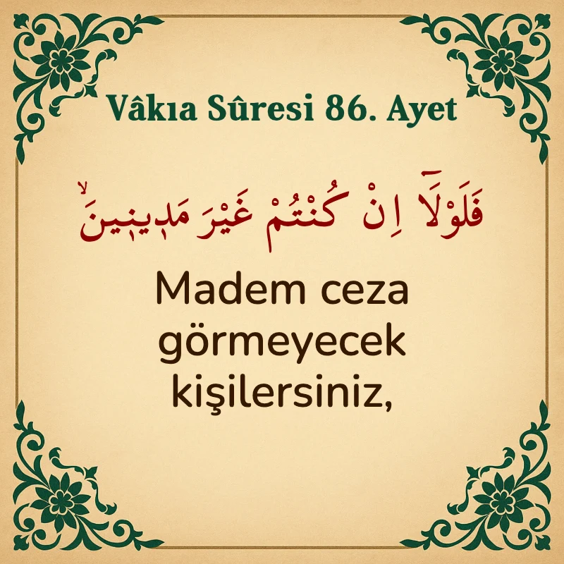 Vakıa Suresi 86. Ayet Arapça ve Türkçe meali