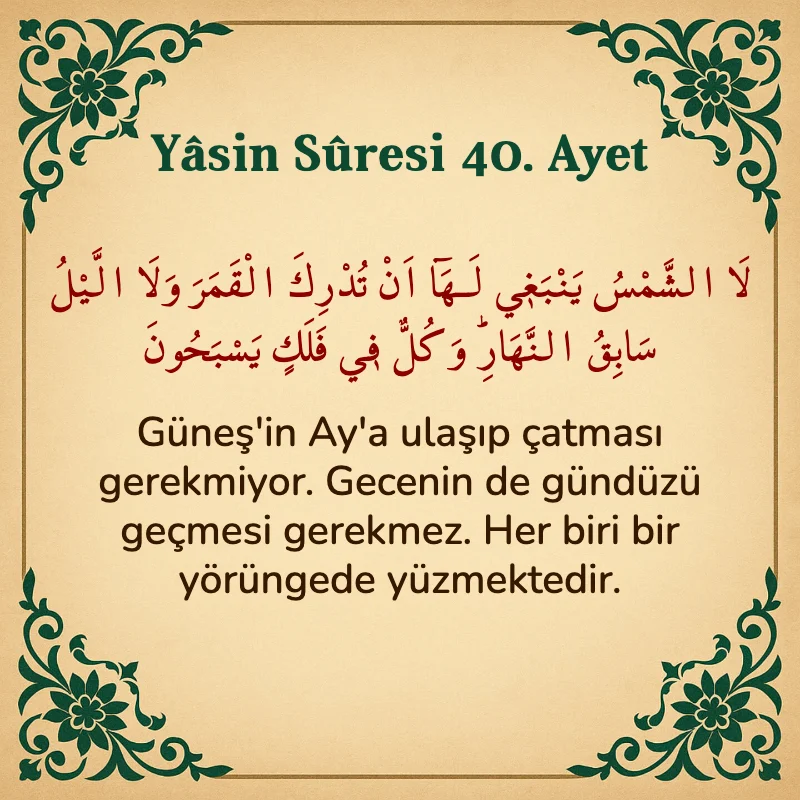 Yasin Suresi 40. Ayet Arapça ve Türkçe meali
