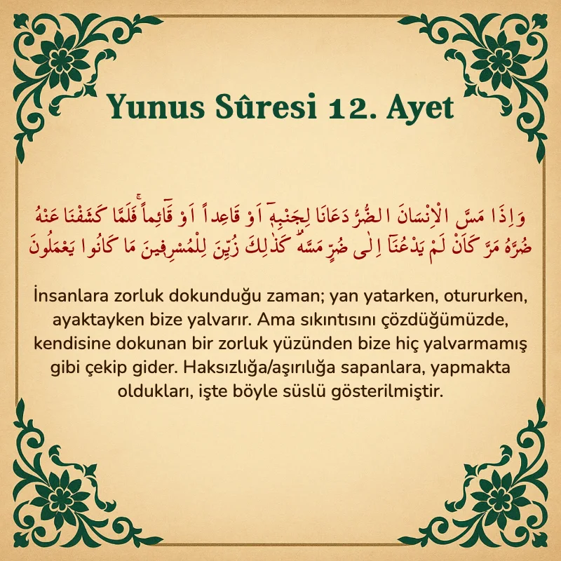 Yûnus Sûresi 12. Ayet Arapça ve Türkçe meali