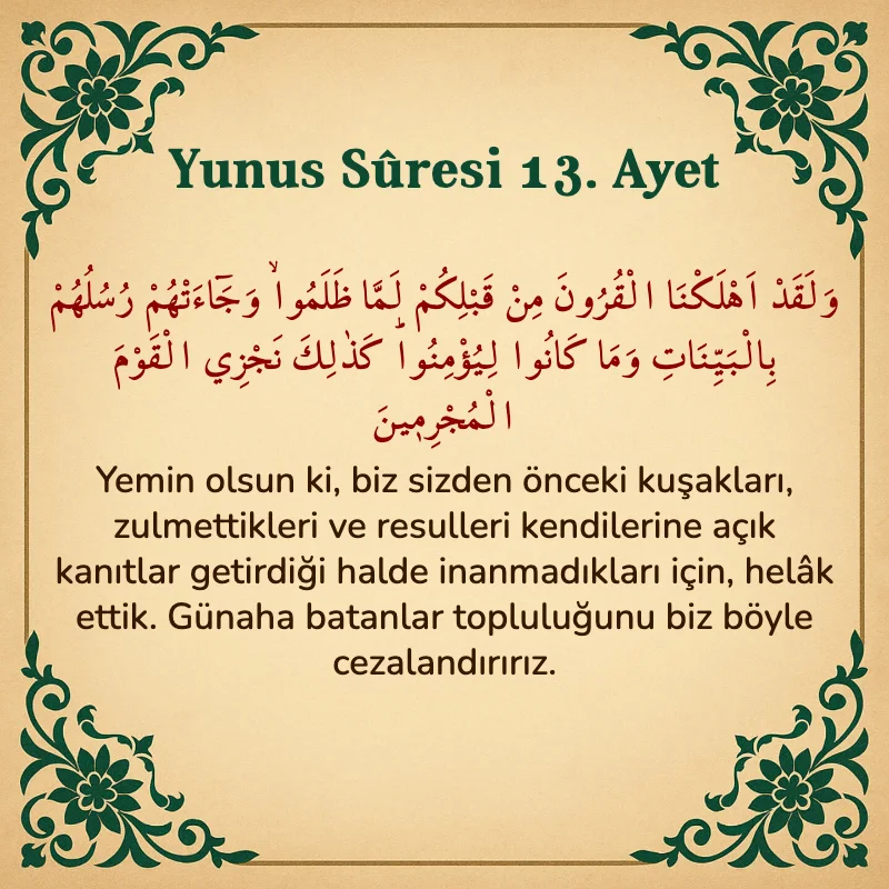 Yûnus Sûresi 13. Ayet Arapça ve Türkçe meali