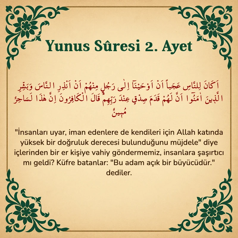 Yûnus Sûresi 2. Ayet Arapça ve Türkçe meali
