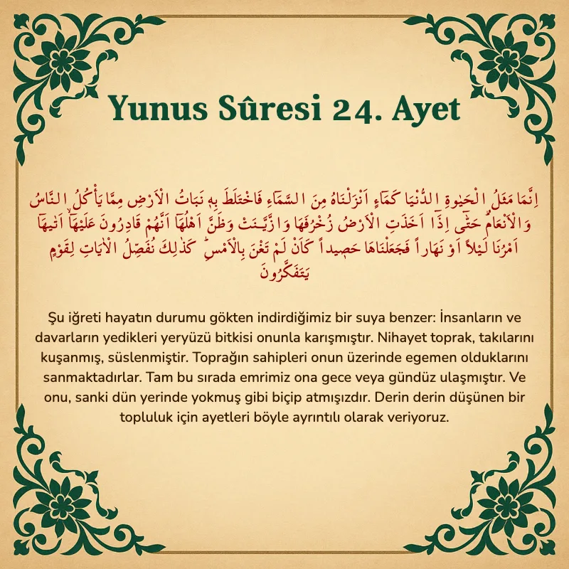 Yûnus Sûresi 24. Ayet Arapça ve Türkçe meali