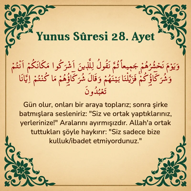 Yûnus Sûresi 28. Ayet Arapça ve Türkçe meali