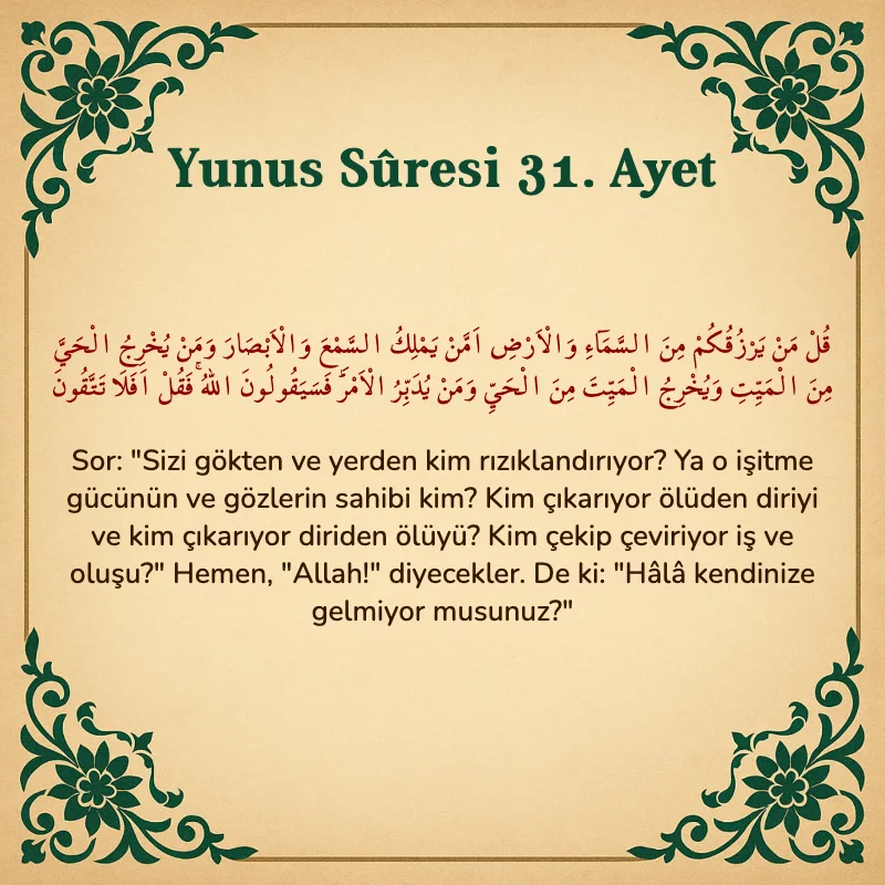 Yûnus Sûresi 31. Ayet Arapça ve Türkçe meali