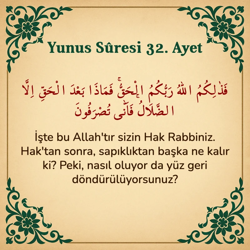 Yûnus Sûresi 32. Ayet Arapça ve Türkçe meali