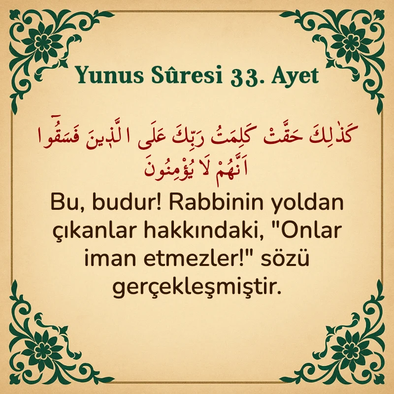 Yûnus Sûresi 33. Ayet Arapça ve Türkçe meali
