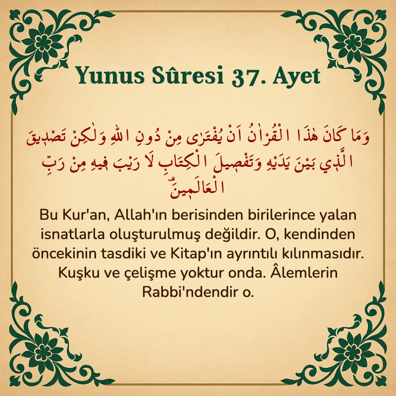 Yûnus Sûresi 37. Ayet Arapça ve Türkçe meali
