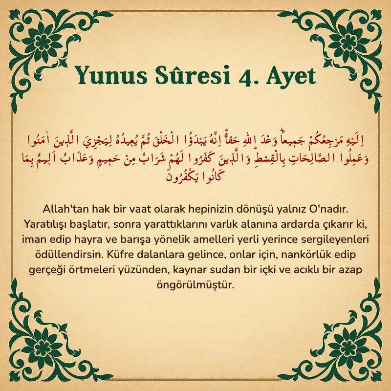 Yûnus Sûresi 4. Ayet Arapça ve Türkçe meali